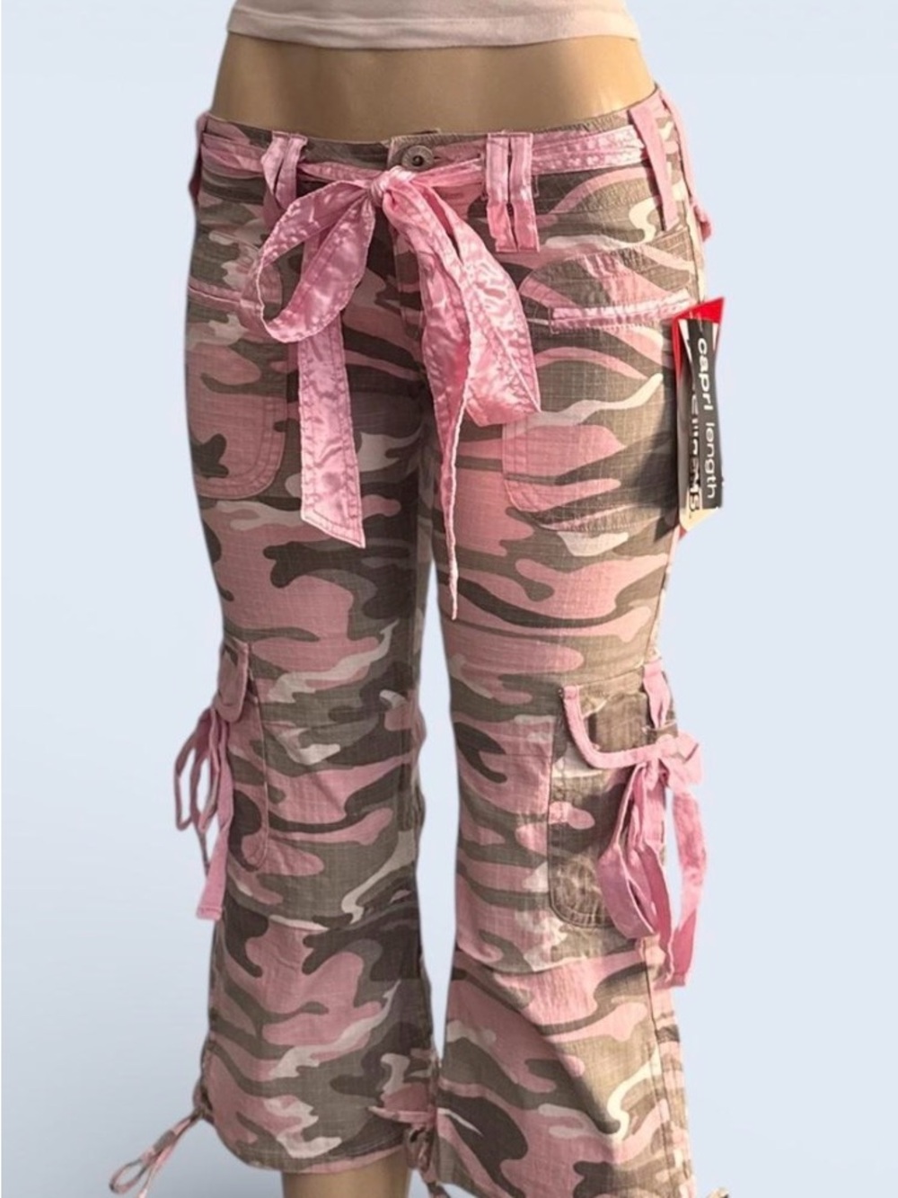 Y2K Lazer Pink Camo Cargo Capris with Tie Details